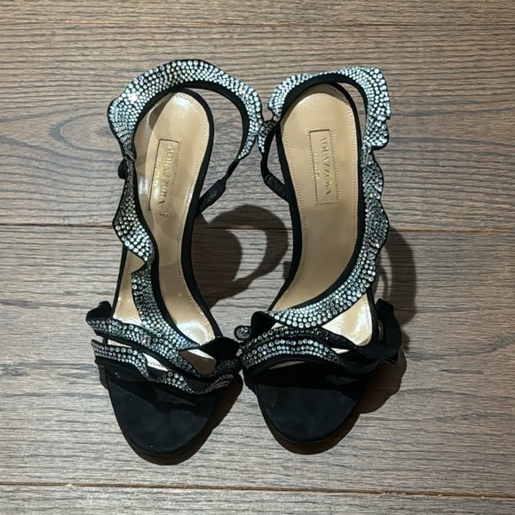 NWT Aquazzura Ruffle Black Suede Crystal Sandal Size 37.5/7.5 - Picture 5 of 11